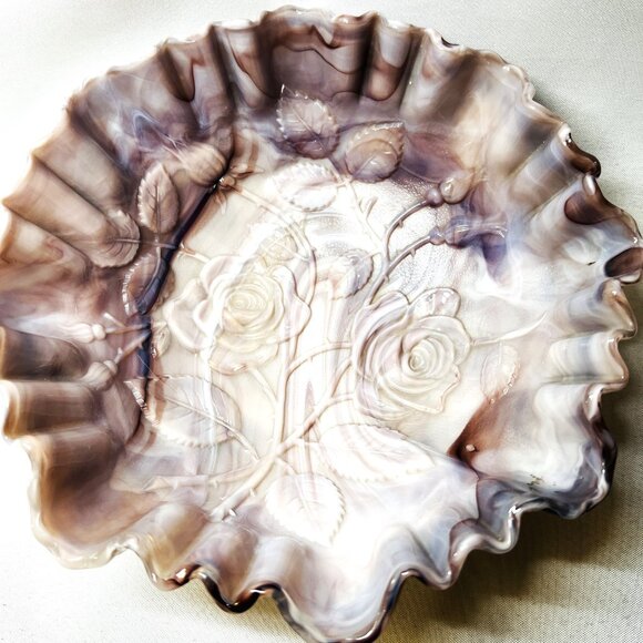 Imperial Vintage Purple Slag Glass Bowl Embossed Rose Design Ruffle Edge 9" wide - Picture 12 of 12